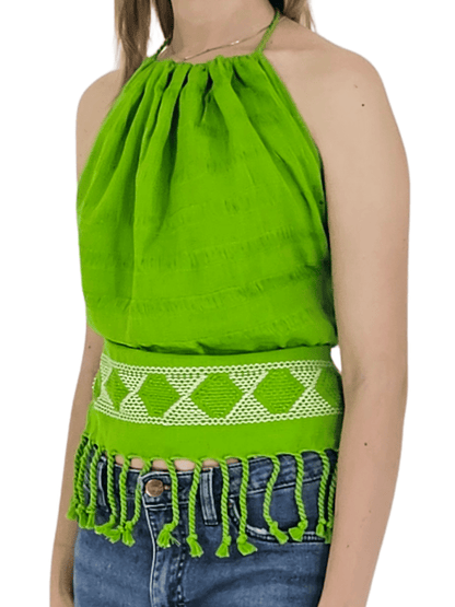 Backstrap Loom Backless Halter Top – Handwoven with Raw Natural Thread | Sustainable Fashion Lime Green - Tenku Designs