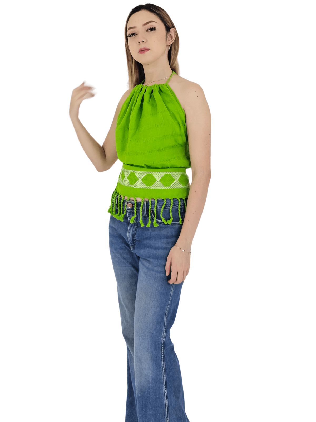 Backstrap Loom Backless Halter Top – Handwoven with Raw Natural Thread | Sustainable Fashion Lime Green - Tenku Designs