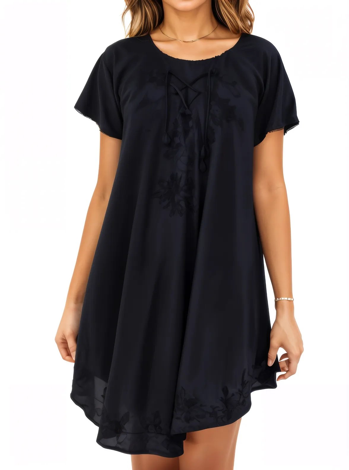 Black Boho Flowy Cotton Dress – Embroidered Short Sleeve | Tenku Designs - Tenku Designs