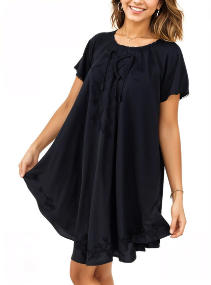 Black Boho Flowy Cotton Dress – Embroidered Short Sleeve | Tenku Designs - Tenku Designs