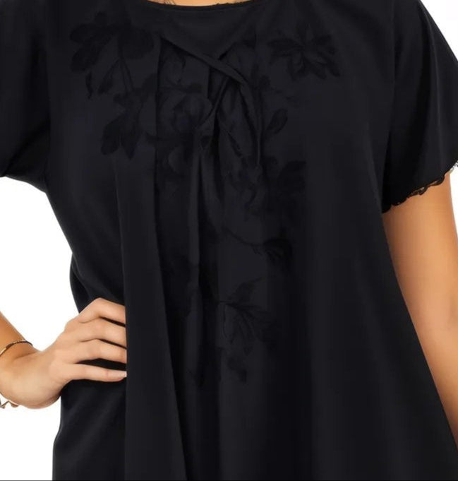 Black Boho Flowy Cotton Dress – Embroidered Short Sleeve | Tenku Designs - Tenku Designs