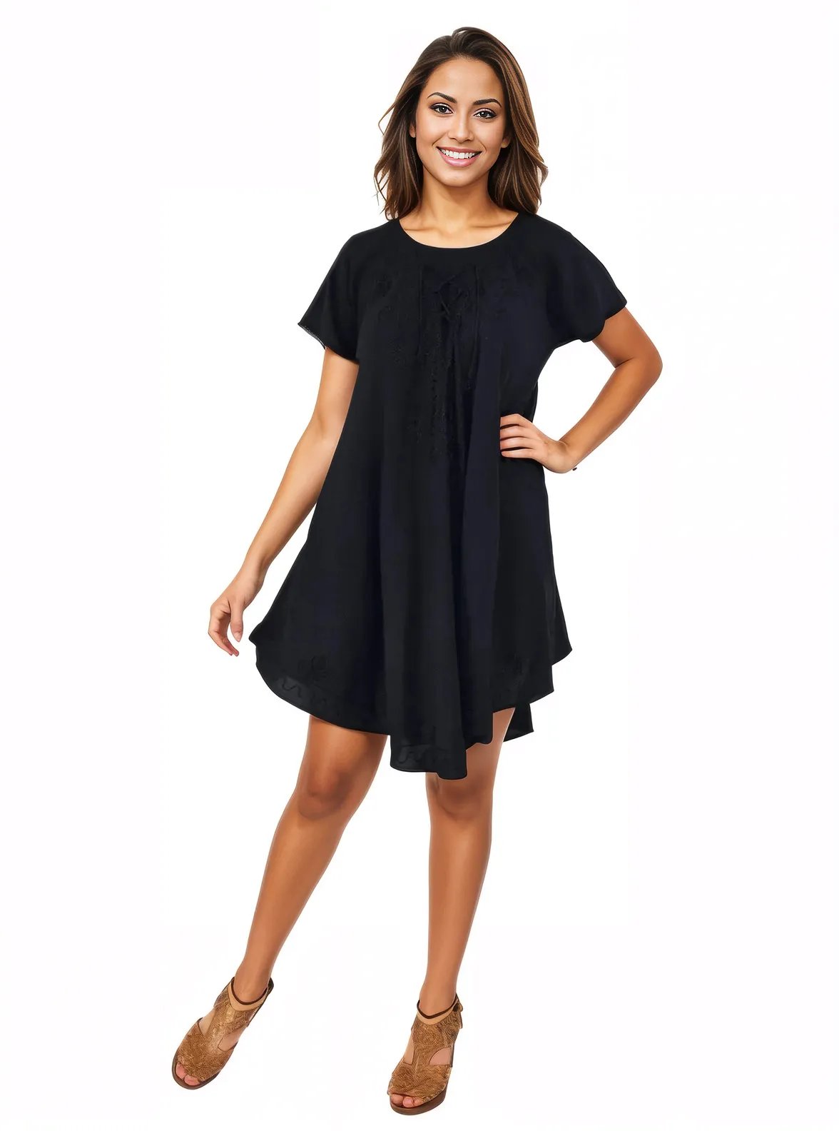 Black Boho Flowy Cotton Dress – Embroidered Short Sleeve | Tenku Designs - Tenku Designs