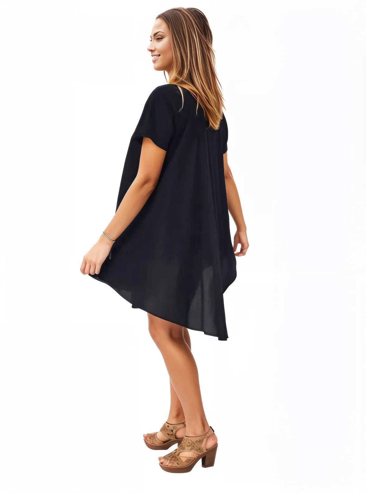 Black Boho Flowy Cotton Dress – Embroidered Short Sleeve | Tenku Designs - Tenku Designs
