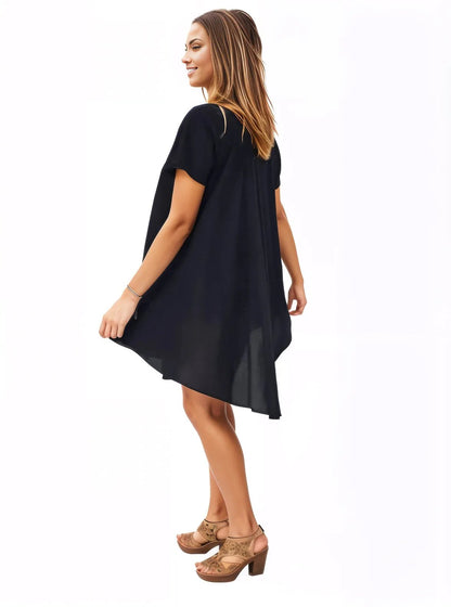 Black Boho Flowy Cotton Dress – Embroidered Short Sleeve | Tenku Designs - Tenku Designs