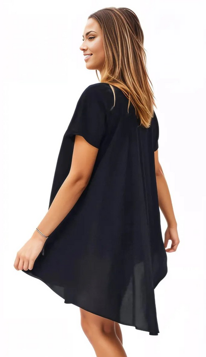 Black Boho Flowy Cotton Dress – Embroidered Short Sleeve | Tenku Designs