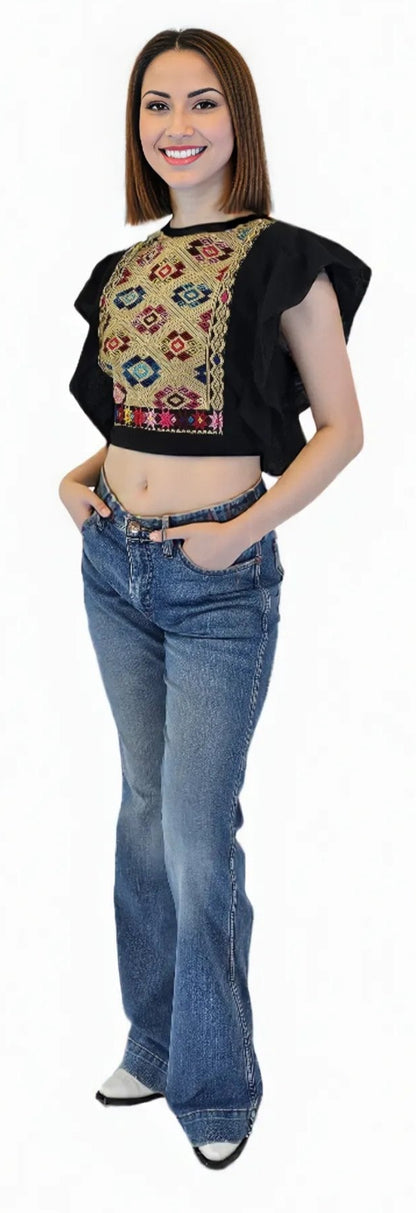 Black Ruffled Sleeve with Mexican Embroidered Chest & Adjustable Bow – Elegant & Feminine - Tenku Designs