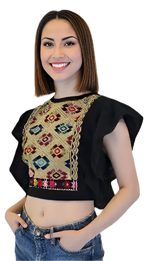Black Ruffled Sleeve with Mexican Embroidered Chest & Adjustable Bow – Elegant & Feminine