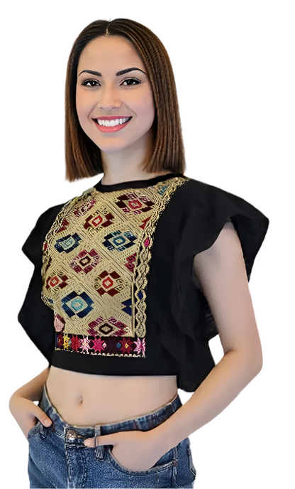 Black Ruffled Sleeve with Mexican Embroidered Chest & Adjustable Bow – Elegant & Feminine