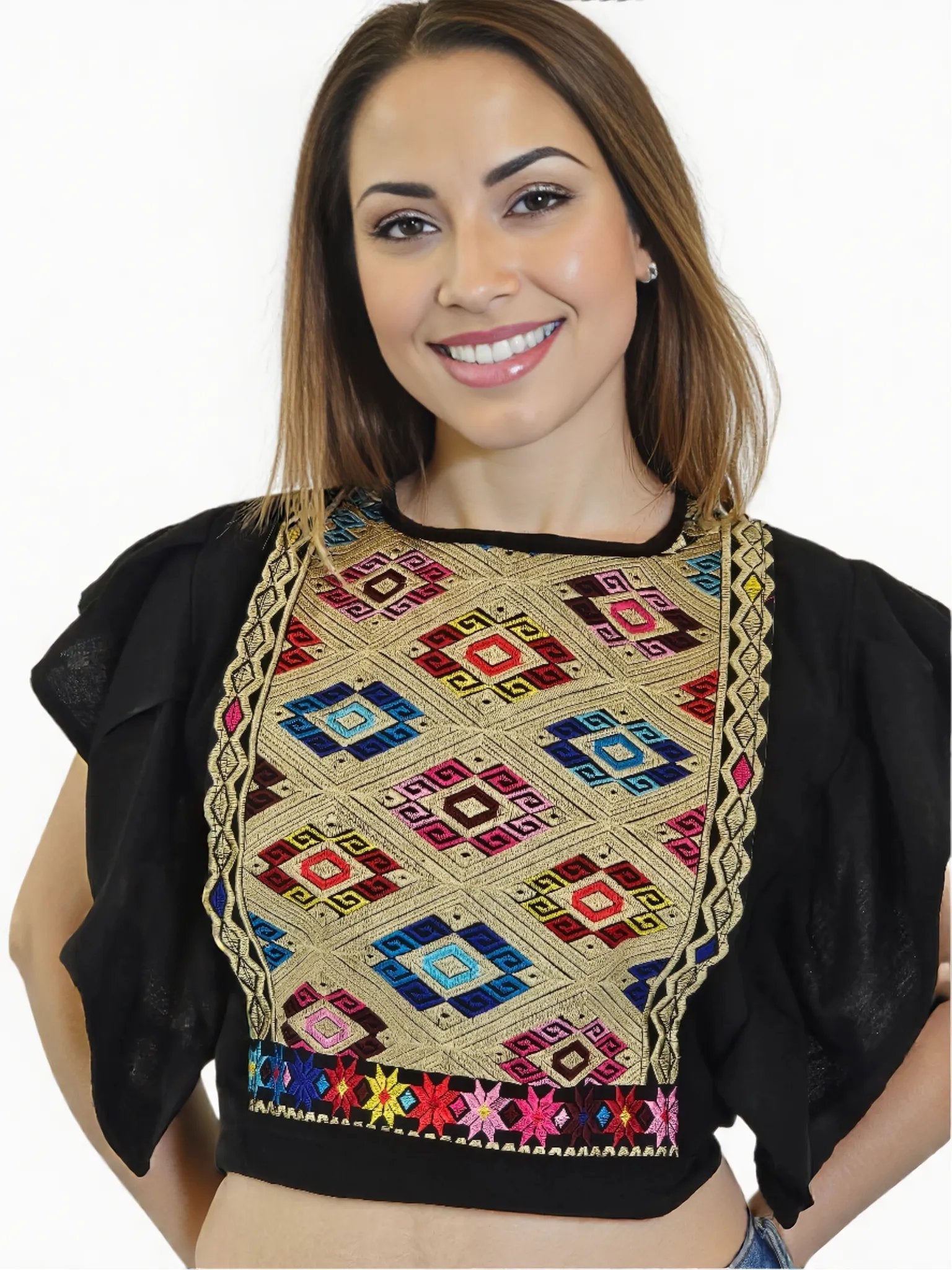 Black Ruffled Sleeve with Mexican Embroidered Chest & Adjustable Bow – Elegant & Feminine - Tenku Designs