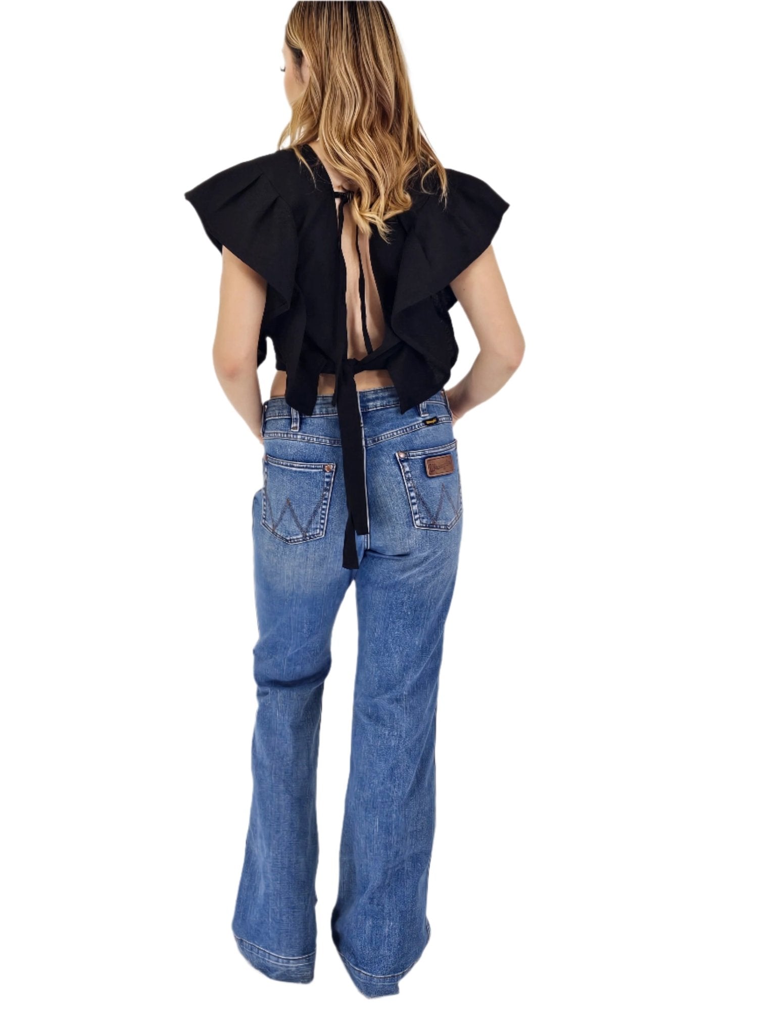 Black Ruffled Sleeve with Mexican Embroidered Chest & Adjustable Bow – Elegant & Feminine - Tenku Designs