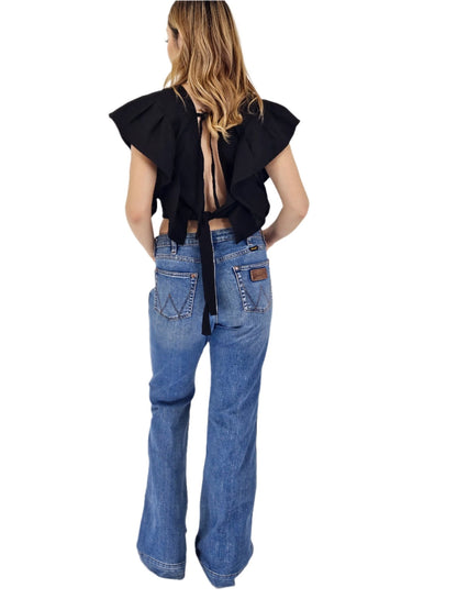 Black Ruffled Sleeve with Mexican Embroidered Chest & Adjustable Bow – Elegant & Feminine - Tenku Designs