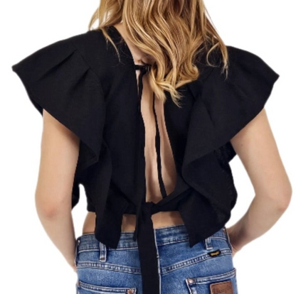 Black Ruffled Sleeve with Mexican Embroidered Chest & Adjustable Bow – Elegant & Feminine