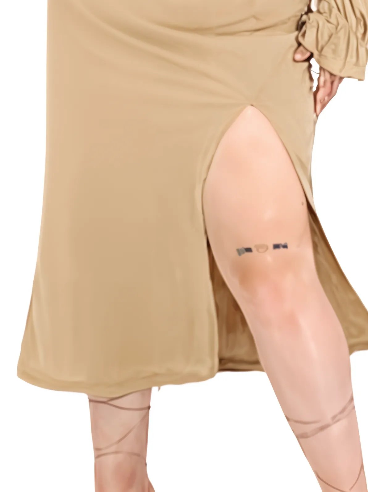 Boho Off - Shoulder Bodycon Dress with Side Slit – Ribbed Stretch Fabric Beige - Tenku Designs