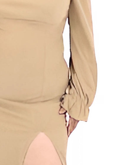 Boho Off - Shoulder Bodycon Dress with Side Slit – Ribbed Stretch Fabric Beige - Tenku Designs