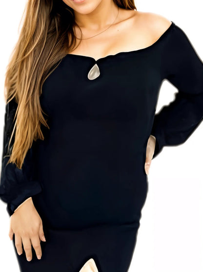 Boho Off - Shoulder Bodycon Dress with Side Slit – Ribbed Stretch Fabric Black - Tenku Designs