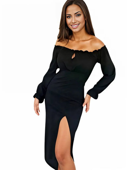 Boho Off - Shoulder Bodycon Dress with Side Slit – Ribbed Stretch Fabric Black - Tenku Designs
