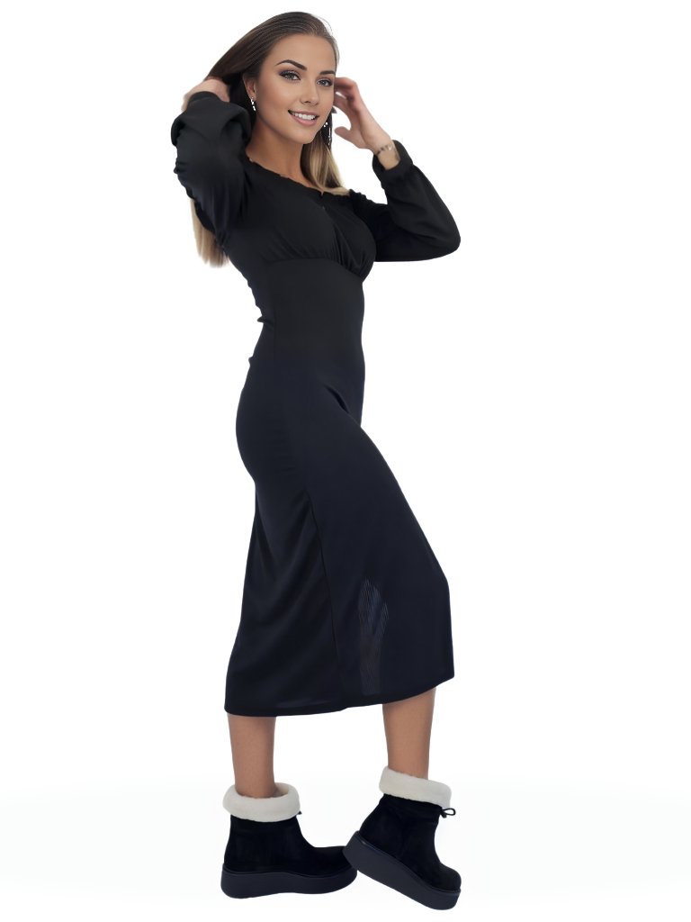 Boho Off - Shoulder Bodycon Dress with Side Slit – Ribbed Stretch Fabric Black - Tenku Designs