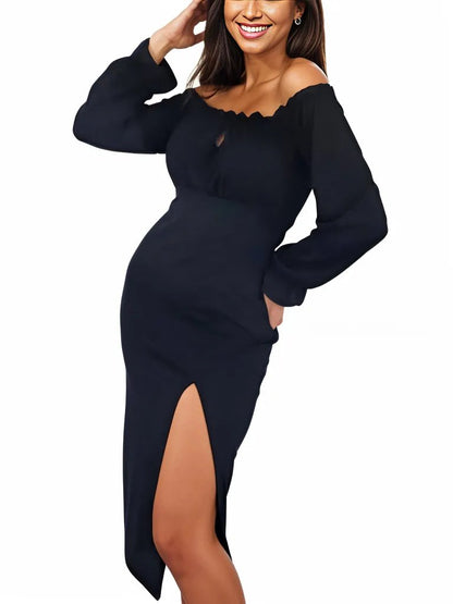Boho Off - Shoulder Bodycon Dress with Side Slit – Ribbed Stretch Fabric Black - Tenku Designs