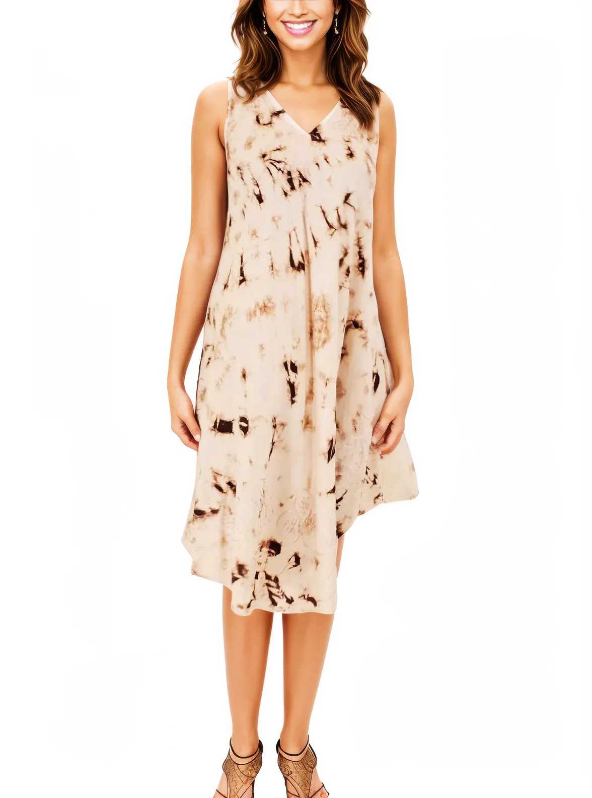 Brown Spots Tie - Dye Sleeveless Boho Dress – Lightweight & Embroidered | Tenku Designs - Tenku Designs