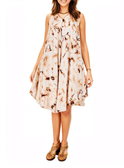Brown Spots Tie - Dye Sleeveless Boho Dress – Lightweight & Embroidered | Tenku Designs - Tenku Designs