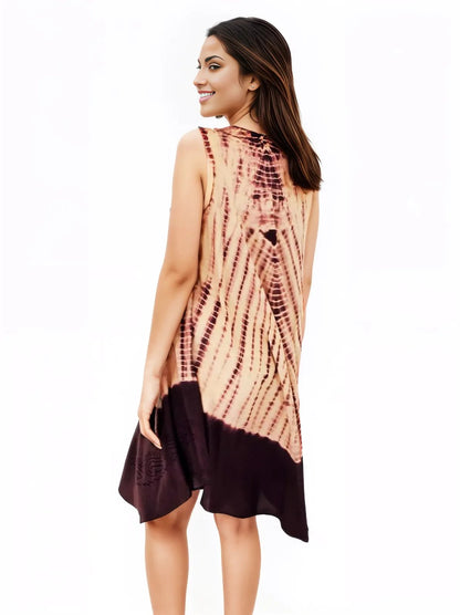 Brown Tie - Dye Sleeveless Boho Dress – Lightweight & Embroidered | Tenku Designs - Tenku Designs