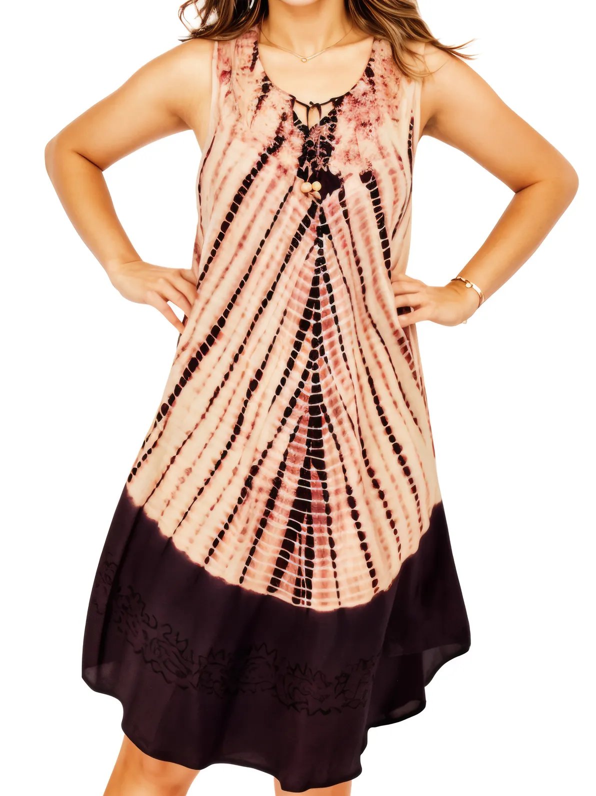 Brown Tie - Dye Sleeveless Boho Dress – Lightweight & Embroidered | Tenku Designs - Tenku Designs