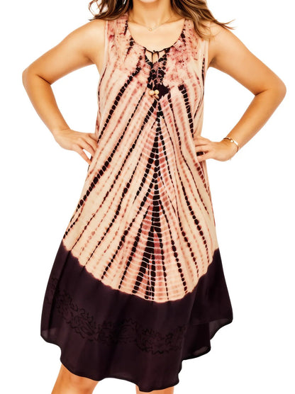 Brown Tie - Dye Sleeveless Boho Dress – Lightweight & Embroidered | Tenku Designs - Tenku Designs