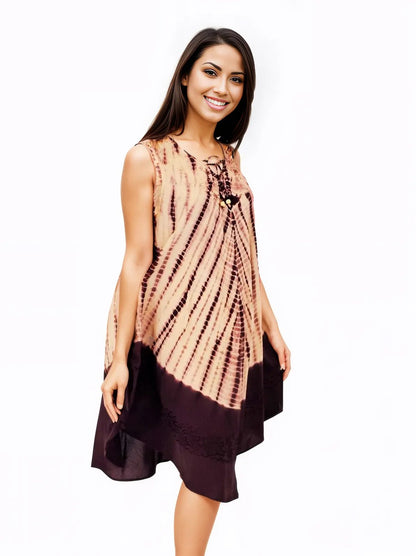 Brown Tie - Dye Sleeveless Boho Dress – Lightweight & Embroidered | Tenku Designs - Tenku Designs