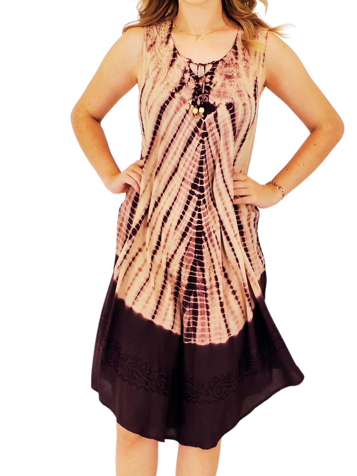 Brown Tie - Dye Sleeveless Boho Dress – Lightweight & Embroidered | Tenku Designs - Tenku Designs
