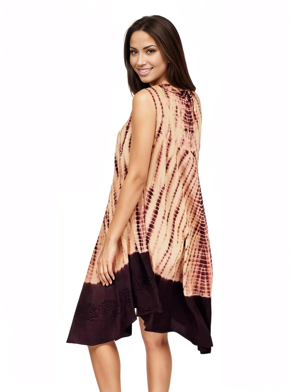 Brown Tie - Dye Sleeveless Boho Dress – Lightweight & Embroidered | Tenku Designs - Tenku Designs