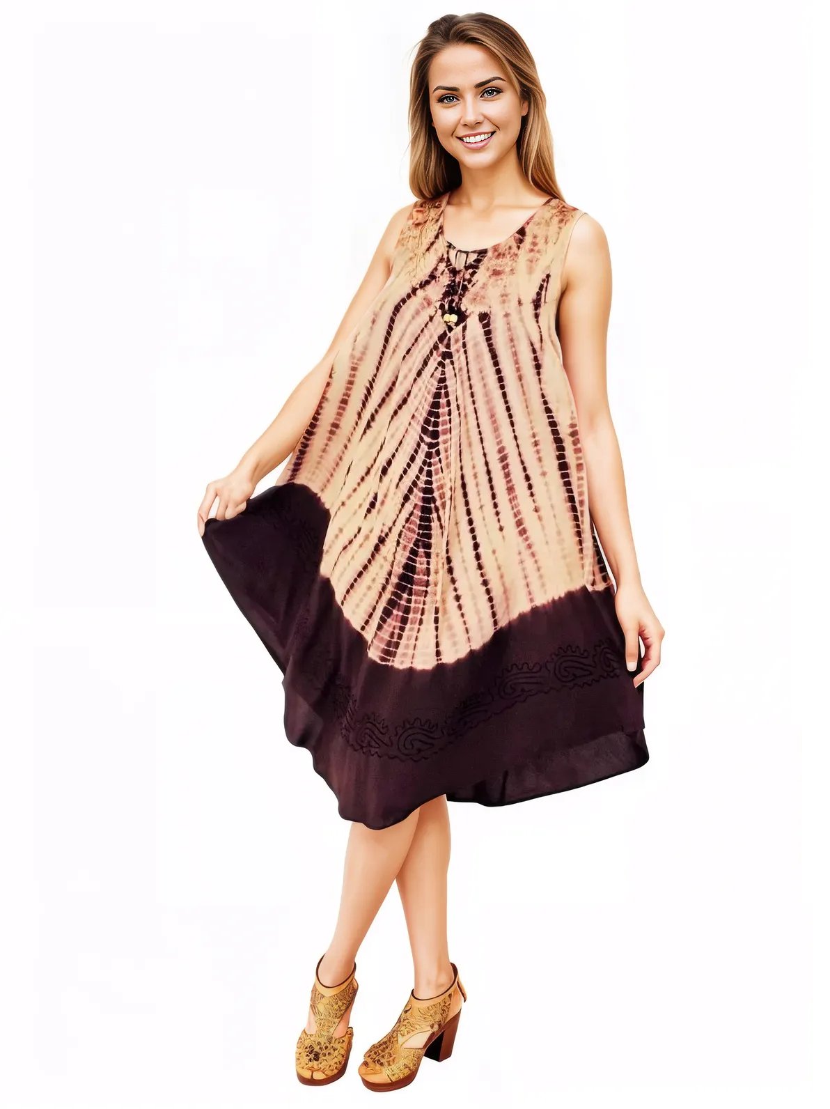 Brown Tie - Dye Sleeveless Boho Dress – Lightweight & Embroidered | Tenku Designs - Tenku Designs