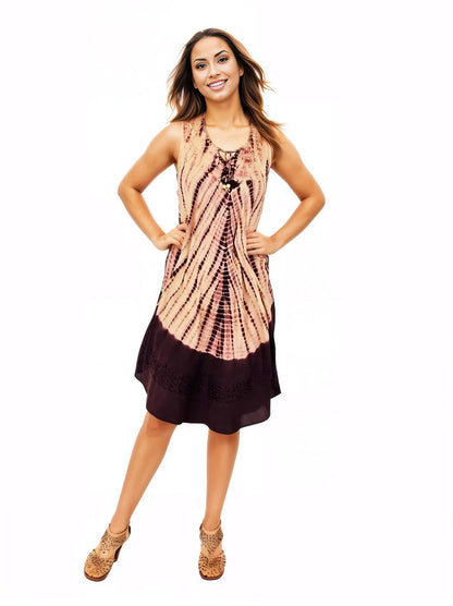 Brown Tie - Dye Sleeveless Boho Dress – Lightweight & Embroidered | Tenku Designs - Tenku Designs