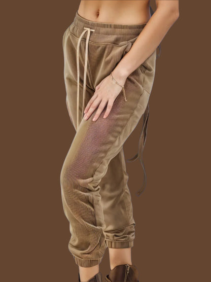 Buttery Soft Corduroy Jogger Pants with Adjustable Waistband & Gold Accents Khaki - Tenku Designs