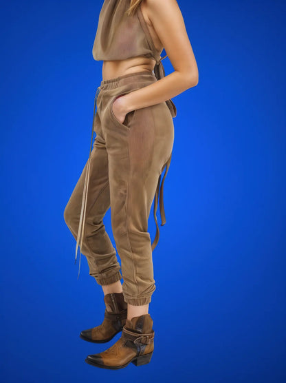 Buttery Soft Corduroy Jogger Pants with Adjustable Waistband & Gold Accents Khaki - Tenku Designs