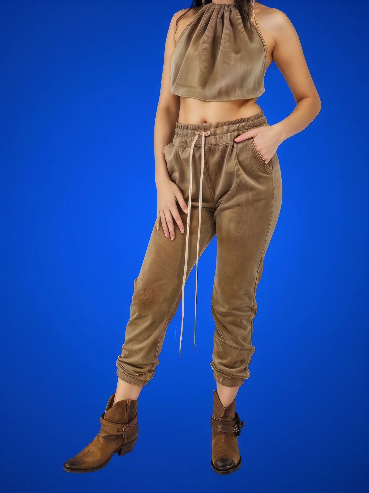 Buttery Soft Corduroy Jogger Pants with Adjustable Waistband & Gold Accents Khaki - Tenku Designs