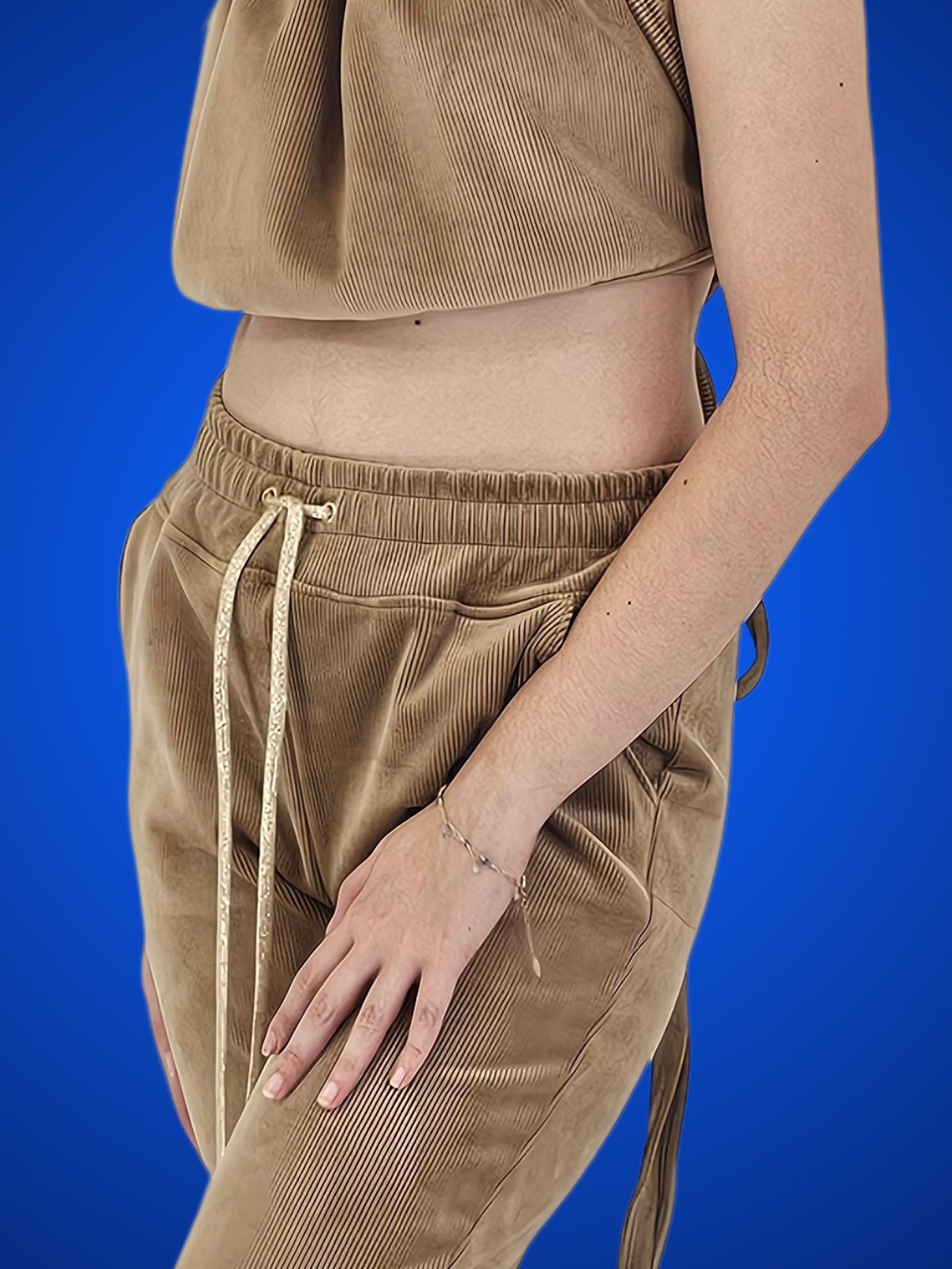 Buttery Soft Corduroy Jogger Pants with Adjustable Waistband & Gold Accents Khaki - Tenku Designs