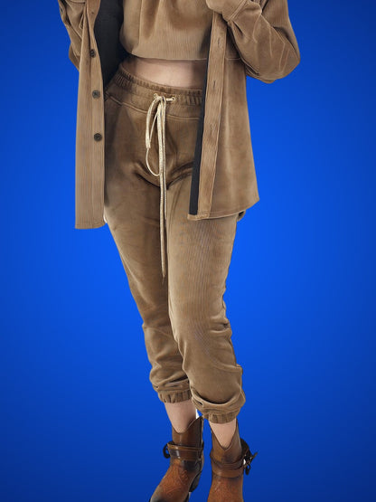 Buttery Soft Corduroy Jogger Pants with Adjustable Waistband & Gold Accents Khaki - Tenku Designs
