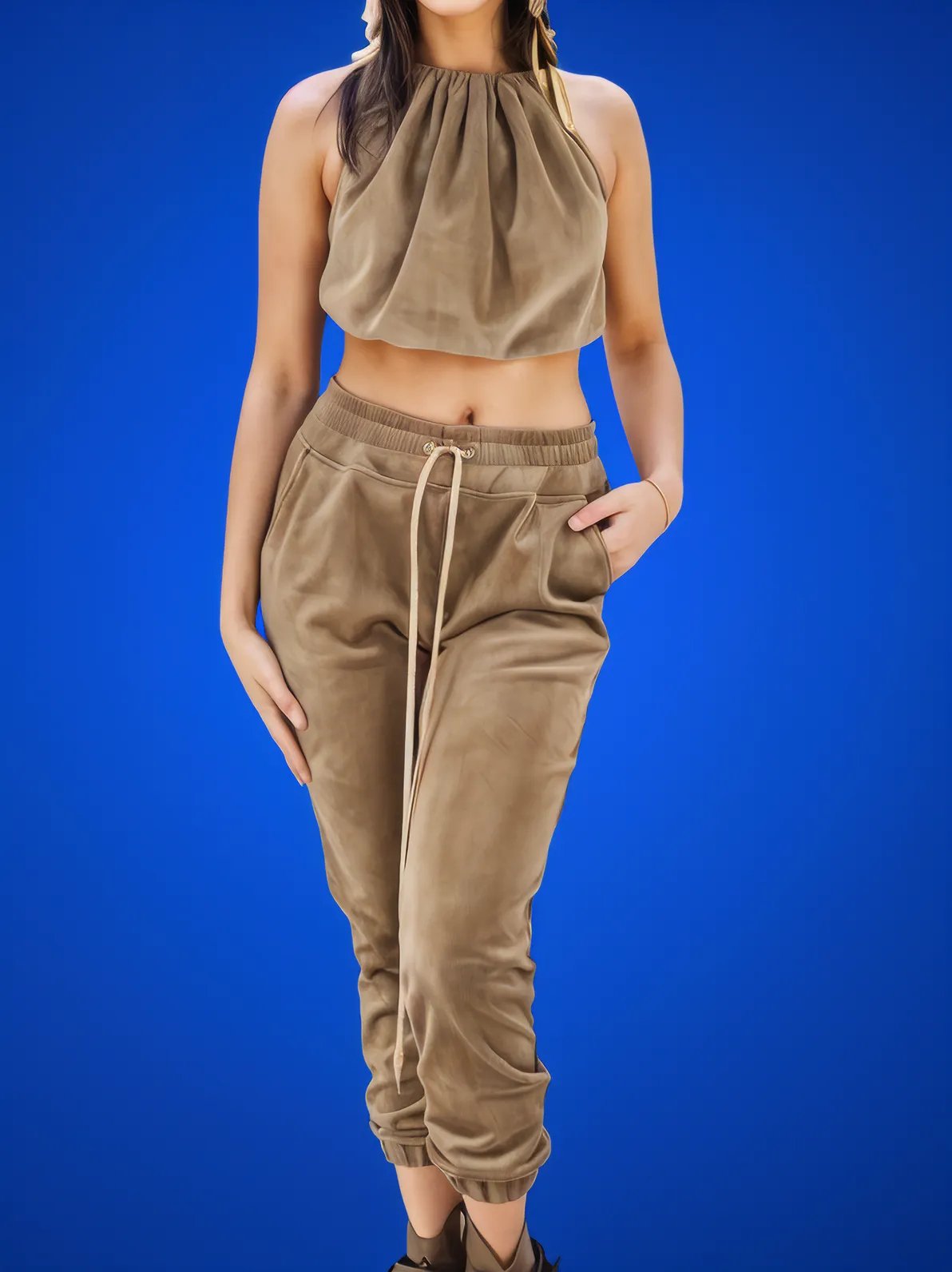 Buttery Soft Corduroy Jogger Pants with Adjustable Waistband & Gold Accents Khaki - Tenku Designs