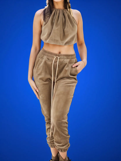 Buttery Soft Corduroy Jogger Pants with Adjustable Waistband & Gold Accents Khaki - Tenku Designs