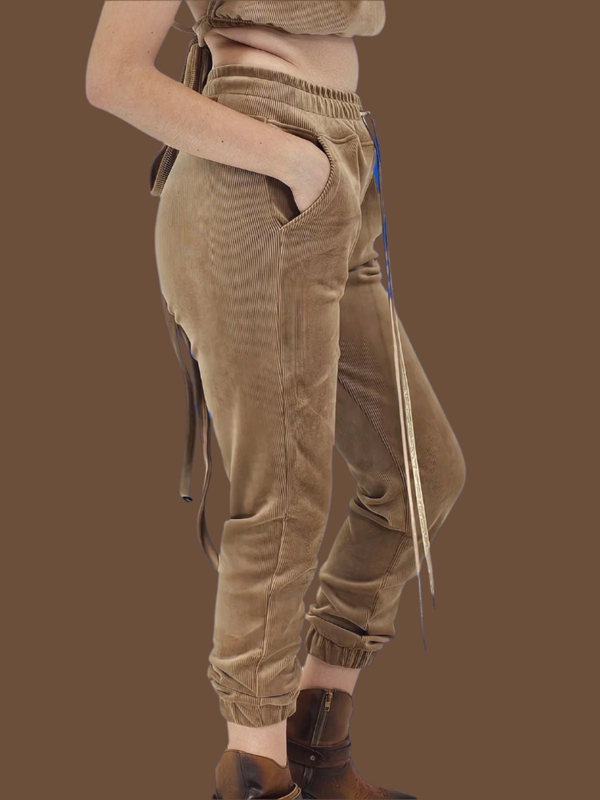 Buttery Soft Corduroy Jogger Pants with Adjustable Waistband & Gold Accents Khaki - Tenku Designs