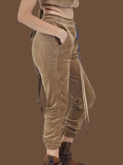 Buttery Soft Corduroy Jogger Pants with Adjustable Waistband & Gold Accents Khaki - Tenku Designs