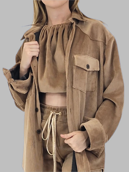 Buttery Soft Oversized Corduroy Shirt – Luxe Comfort with Country - Chic Style Khaki - Tenku Designs