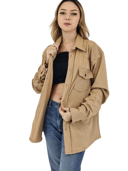 Buttery Soft Oversized Ribbed Shirt – Luxe Comfort with Country - Chic Style Khaki - Tenku Designs