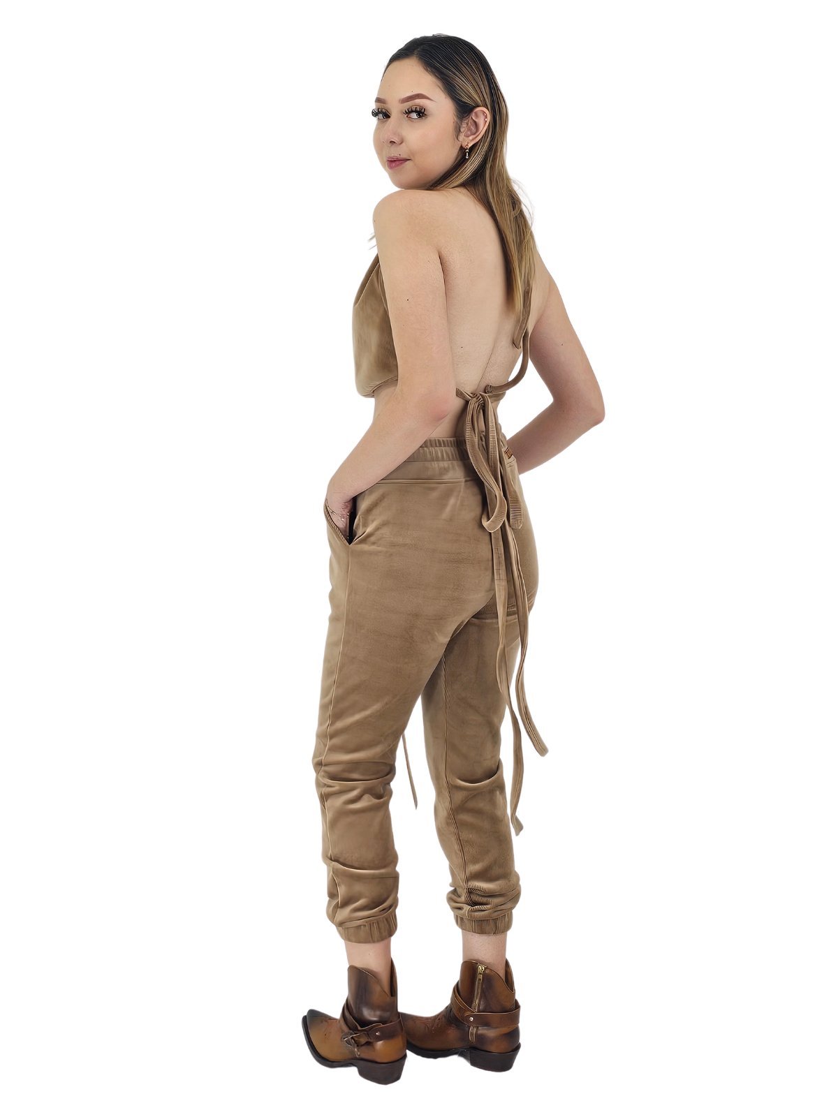 Corduroy Backless Drawstring Halter Top Khaki - Tenku Designs