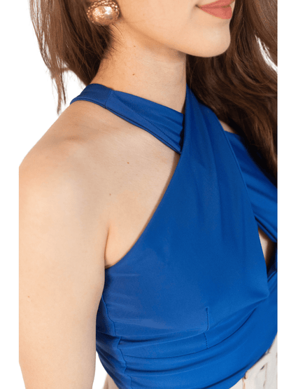 Criss Cross Neck Crop Top – Sexy Halter Tank Top with Keyhole Cutout & Full Back Cobalt Blue - Tenku Designs