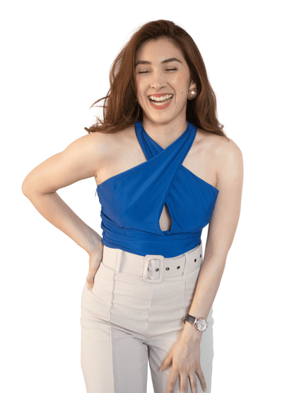 Criss Cross Neck Crop Top – Sexy Halter Tank Top with Keyhole Cutout & Full Back Cobalt Blue - Tenku Designs