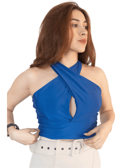 Criss Cross Neck Crop Top – Sexy Halter Tank Top with Keyhole Cutout & Full Back Cobalt Blue - Tenku Designs