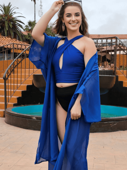 Criss Cross Neck Crop Top – Sexy Halter Tank Top with Keyhole Cutout & Full Back Cobalt Blue - Tenku Designs