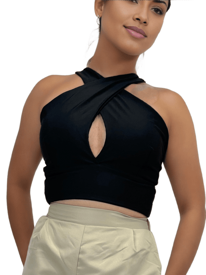 Criss Cross Neck Crop Top – Sexy Halter Tank Top with Keyhole Cutout & Full Back Coverage Black - Tenku Designs