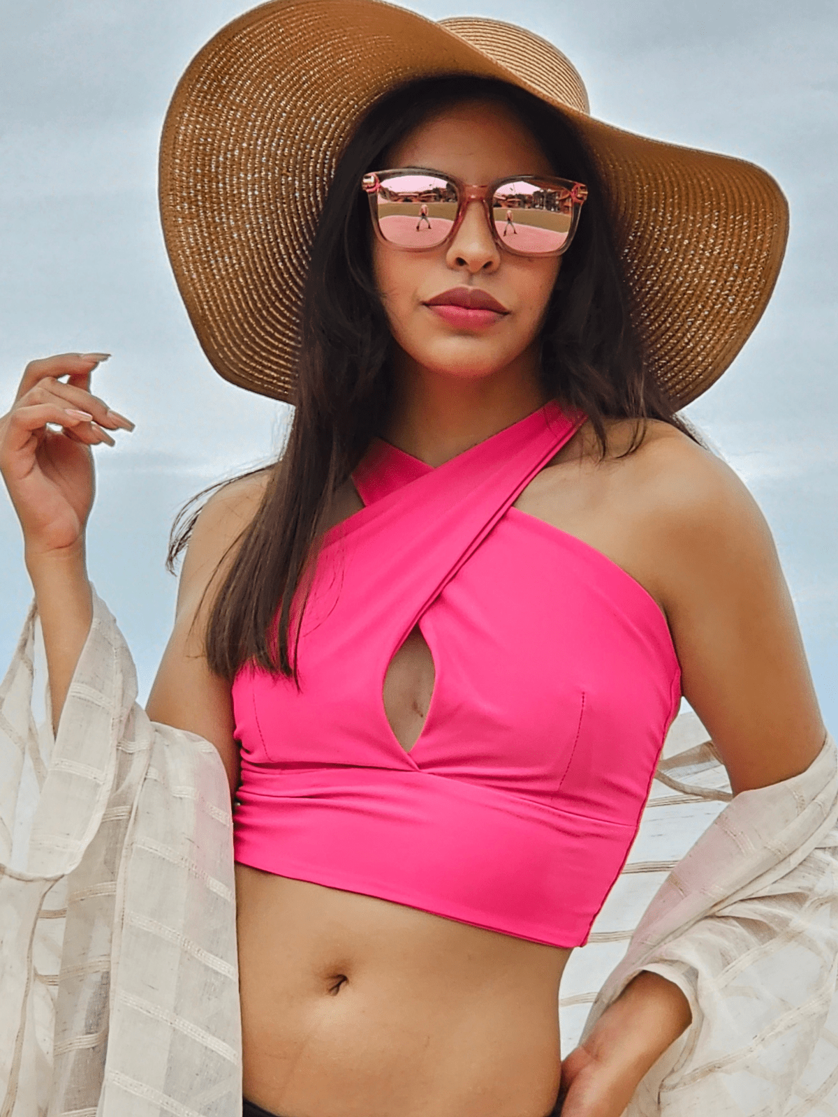 Criss Cross Neck Crop Top – Sexy Halter Tank Top with Keyhole Cutout & Full Back Coverage Hot Pink - Tenku Designs